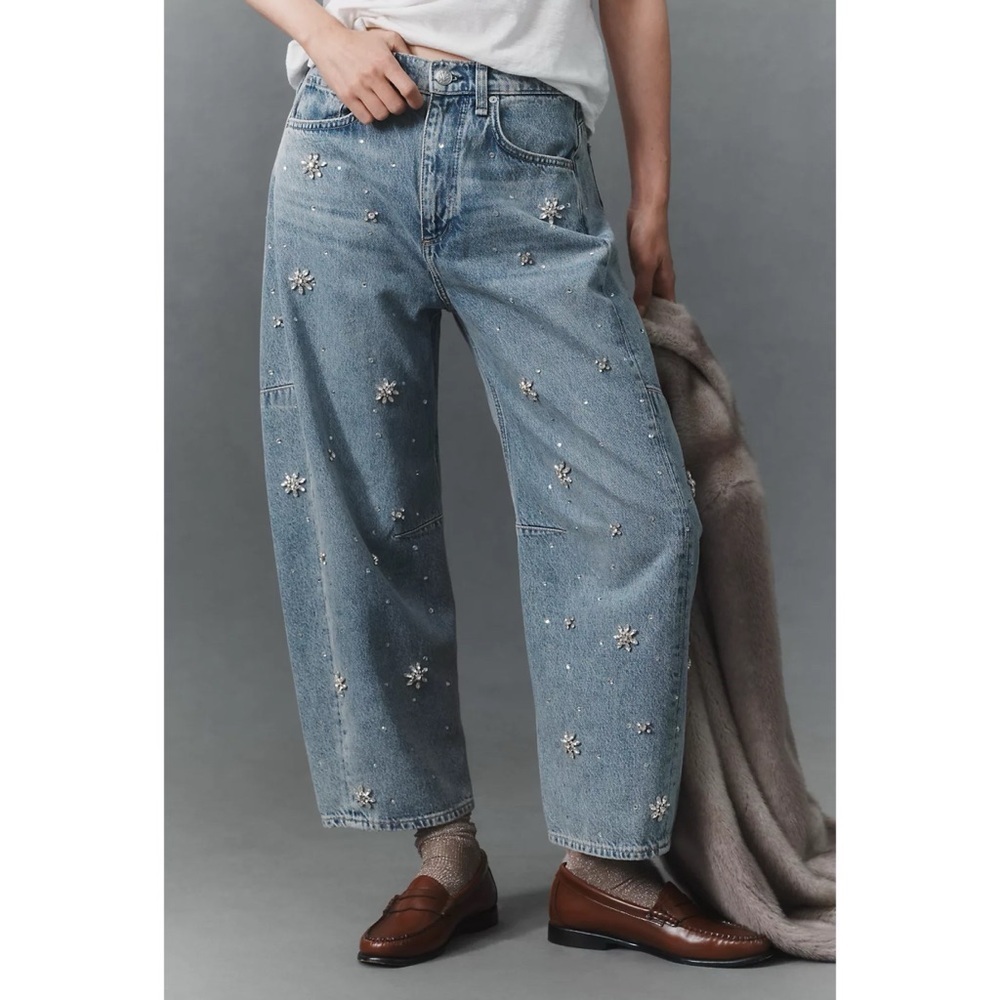 Rag & Bone Charlie Embellished Barrel Jeans Blue Floral Rhinestones 26 - Picture 3 of 17